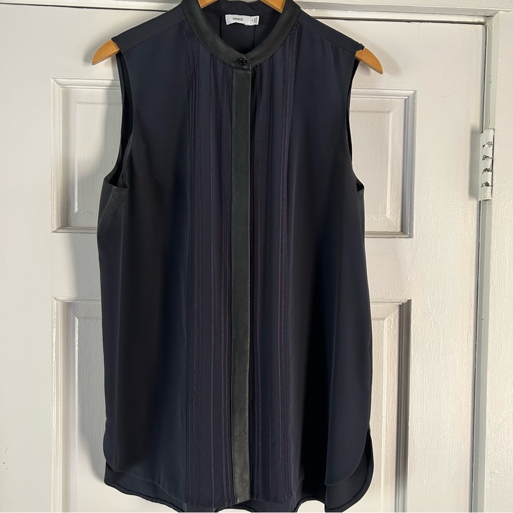 VINCE Navy Silk Sleeveless blouse with faux leather details in black 12